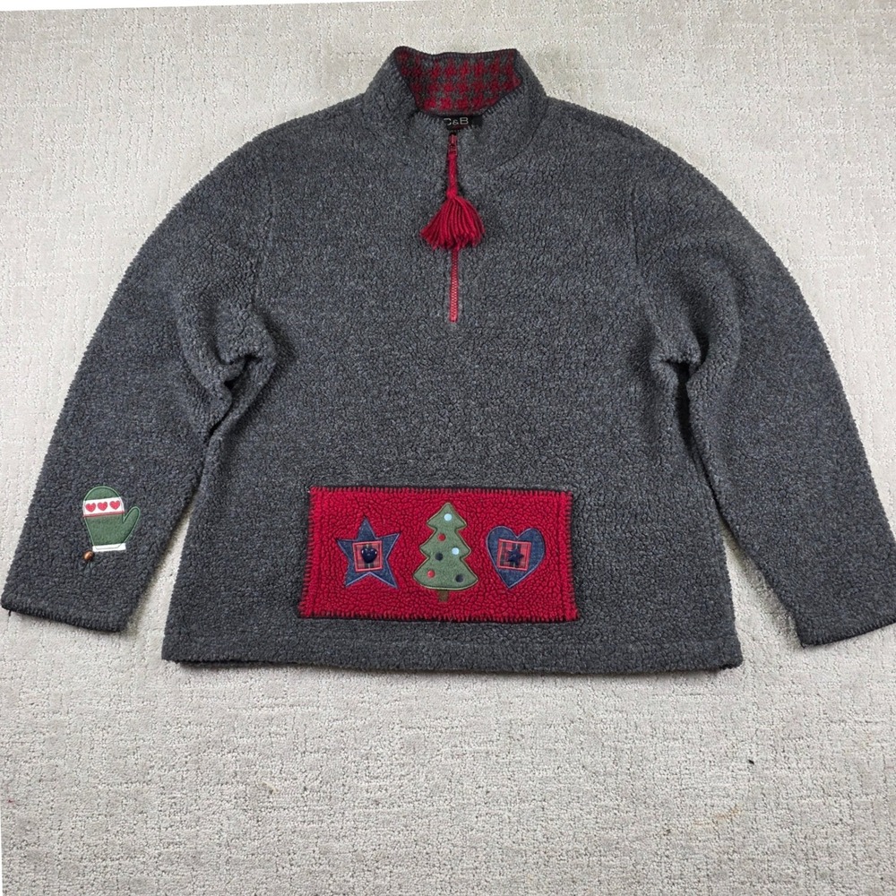 C&B Sport 1/4 Zip Burgundy Tassel Gray Sherpa Fleece Christmas Pullover XL